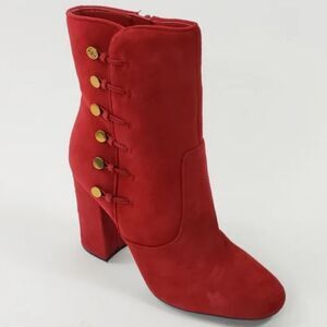 Guess Women's Size 8M Red Lucena Suede Boots Gold Buttons Block Heels EUC